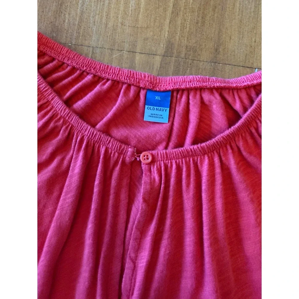 Old Navy Womens XL Faded Red Cotton Slub Puff Sleeve Keyhole Blouse Top